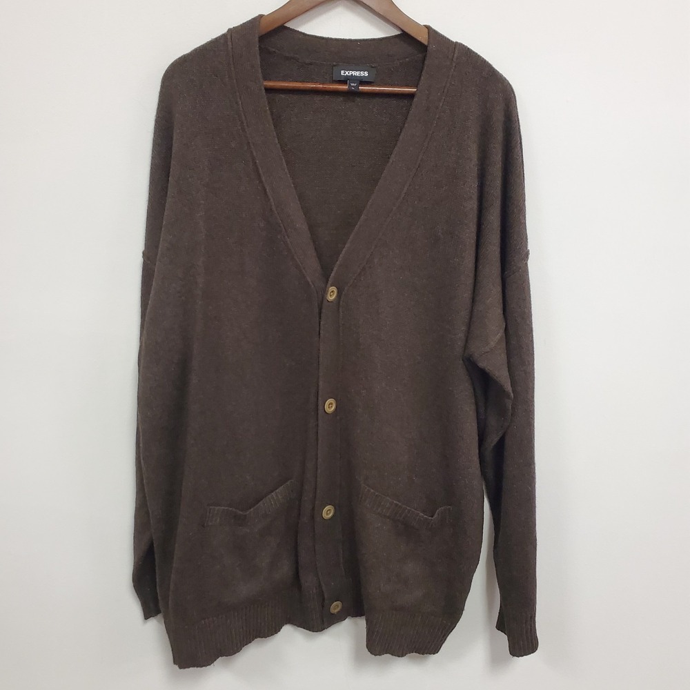 Express Mens Brown Preppy‎ Academia Button Up Cardigan Size XL Brown Old Money